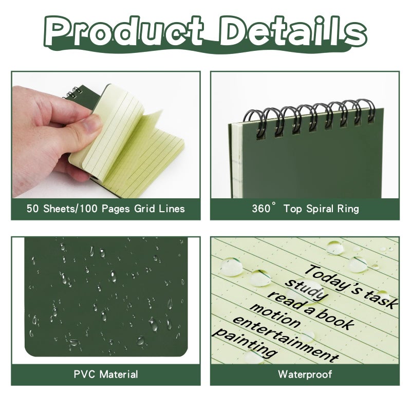 CUGBO 10 Pack Waterproof Notebook, All-Weather Pocket Sized Tactical Notepad, Top Spiral Memo Grid Paper Notepad for Outdoor Activities Recording(Army Green, 3"x5") - Image 3